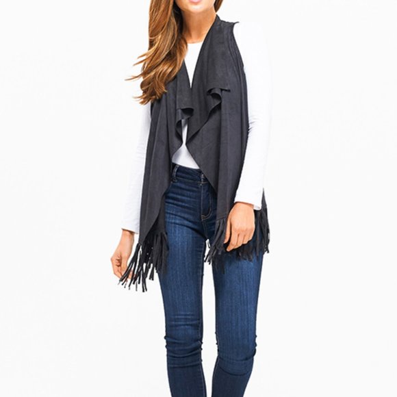 Countess Faux Suede Waterfall Collar Open Front Fringe Vest - Picture 3 of 7